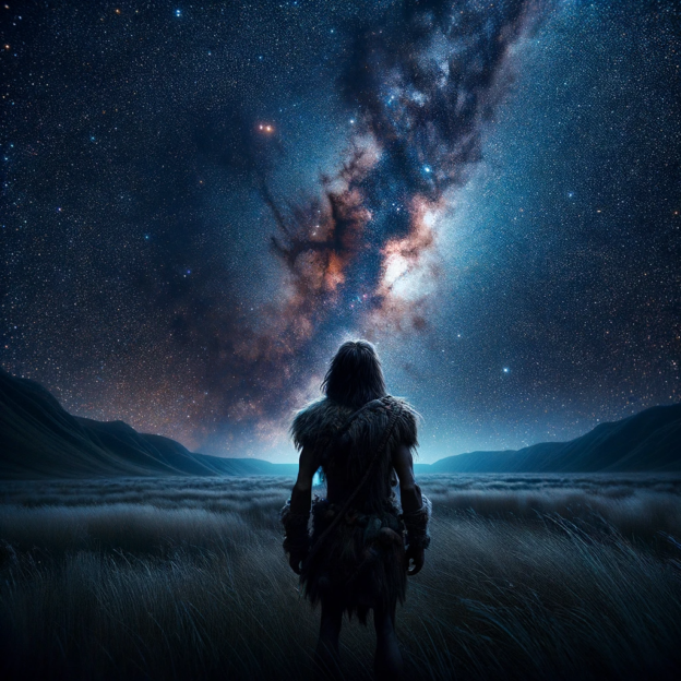 Un hombre primitivo abrumado ante el cielo estrellado