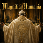 Imagen realista de un Papa visto desde detrás, oficiando en una iglesia con las manos abiertas. En la casulla aparece bordado en hilo dorado el logo de HUMANía, mientras en la parte superior se lee “Magnífica Humanía” con tipografía eclesial dorada.