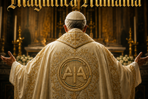 Imagen realista de un Papa visto desde detrás, oficiando en una iglesia con las manos abiertas. En la casulla aparece bordado en hilo dorado el logo de HUMANía, mientras en la parte superior se lee “Magnífica Humanía” con tipografía eclesial dorada.