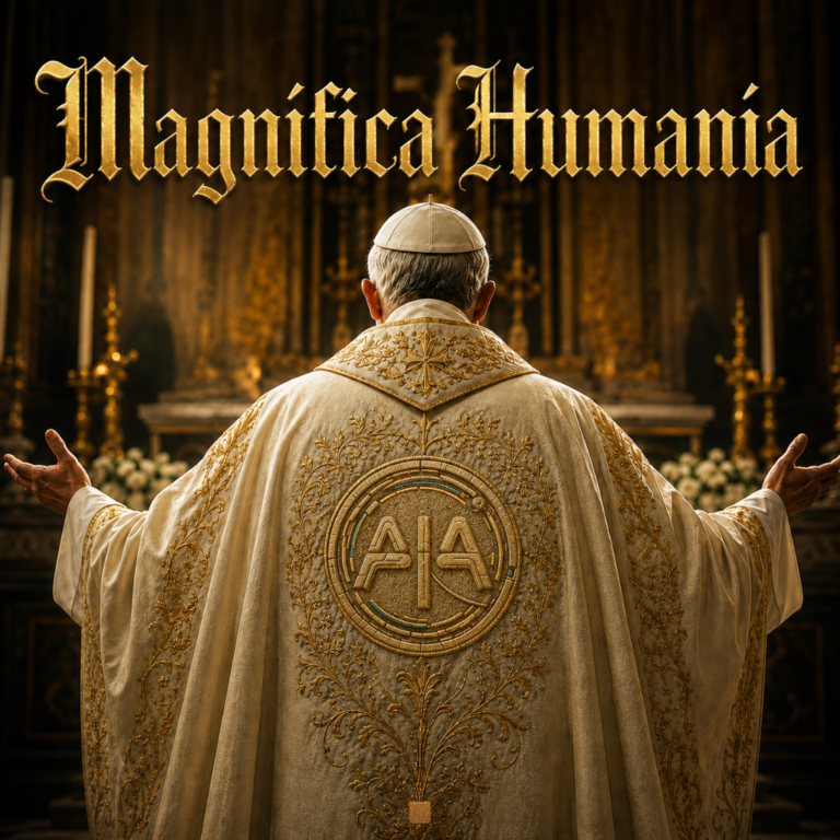 Imagen realista de un Papa visto desde detrás, oficiando en una iglesia con las manos abiertas. En la casulla aparece bordado en hilo dorado el logo de HUMANía, mientras en la parte superior se lee “Magnífica Humanía” con tipografía eclesial dorada.