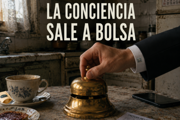 Portada de HUMANía La conciencia sale a bolsa con una campana dorada de Wall Street en una cocina vieja y humilde, una mano de broker, café, factura de la luz y móvil.