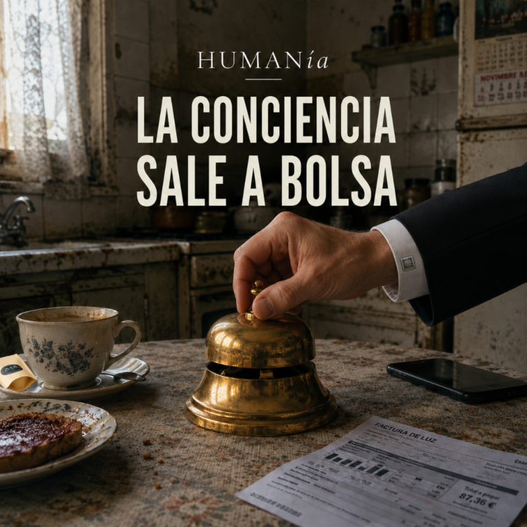 Portada de HUMANía La conciencia sale a bolsa con una campana dorada de Wall Street en una cocina vieja y humilde, una mano de broker, café, factura de la luz y móvil.
