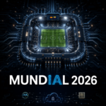 Portada del episodio MUNDIAL 2026 de HUMANía, con un estadio de fútbol visto desde arriba integrado como si fuera un microchip, rodeado de circuitos digitales, con el título MUNDIAL 2026 y las letras IA destacadas en azul.