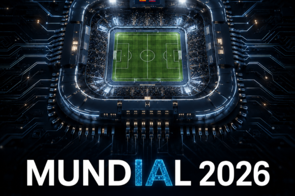 Portada del episodio MUNDIAL 2026 de HUMANía, con un estadio de fútbol visto desde arriba integrado como si fuera un microchip, rodeado de circuitos digitales, con el título MUNDIAL 2026 y las letras IA destacadas en azul.