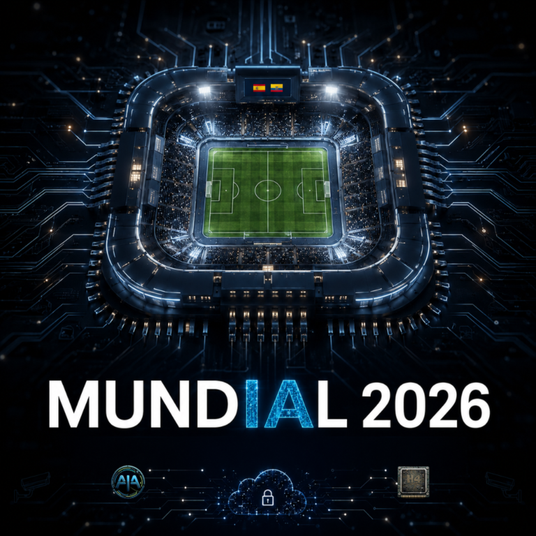 Portada del episodio MUNDIAL 2026 de HUMANía, con un estadio de fútbol visto desde arriba integrado como si fuera un microchip, rodeado de circuitos digitales, con el título MUNDIAL 2026 y las letras IA destacadas en azul.