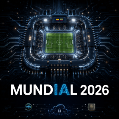 Portada del episodio MUNDIAL 2026 de HUMANía, con un estadio de fútbol visto desde arriba integrado como si fuera un microchip, rodeado de circuitos digitales, con el título MUNDIAL 2026 y las letras IA destacadas en azul.
