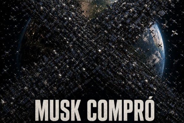 Portada del episodio “Musk compró la noche”, con la Tierra desenfocada al fondo y una gran X formada por satélites en el espacio.