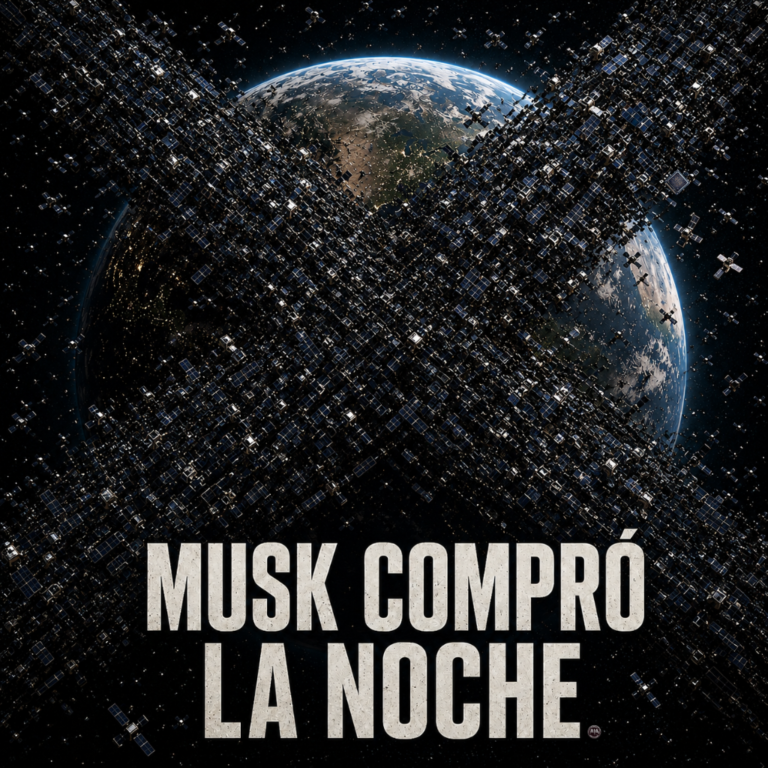 Portada del episodio “Musk compró la noche”, con la Tierra desenfocada al fondo y una gran X formada por satélites en el espacio.