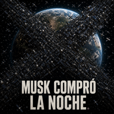 Portada del episodio “Musk compró la noche”, con la Tierra desenfocada al fondo y una gran X formada por satélites en el espacio.