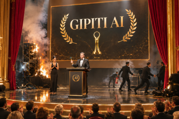 Portada de los Terceros Premios GIPITI AI: una gala elegante de inteligencia artificial con escenario dorado, público aplaudiendo y caos técnico con humo y fuego detrás del decorado.