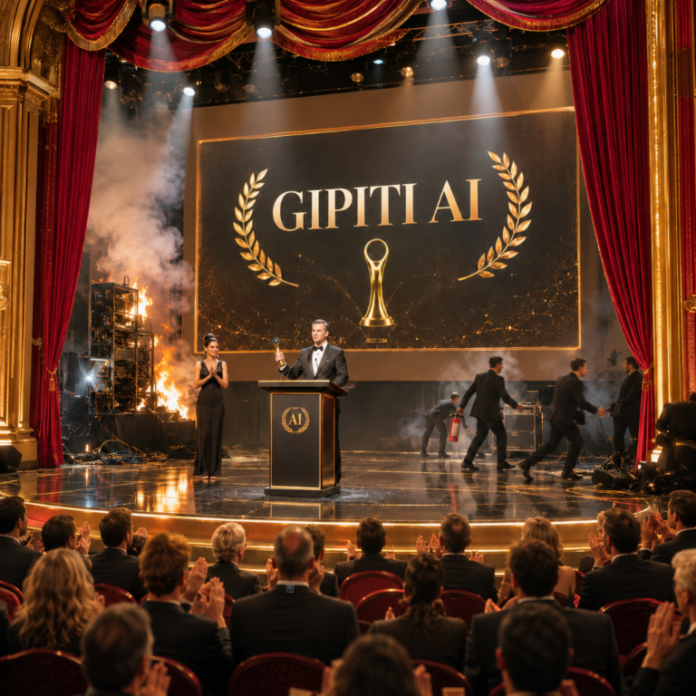 Portada de los Terceros Premios GIPITI AI: una gala elegante de inteligencia artificial con escenario dorado, público aplaudiendo y caos técnico con humo y fuego detrás del decorado.