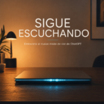 Portátil cerrado del que sale una onda de voz azul, portada del episodio Sigue escuchando sobre el nuevo modo de voz de ChatGPT.