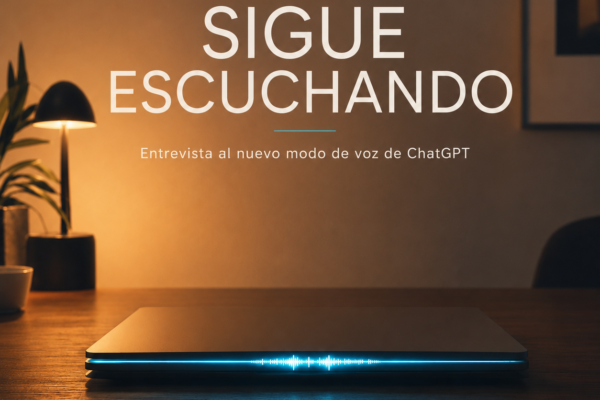 Portátil cerrado del que sale una onda de voz azul, portada del episodio Sigue escuchando sobre el nuevo modo de voz de ChatGPT.