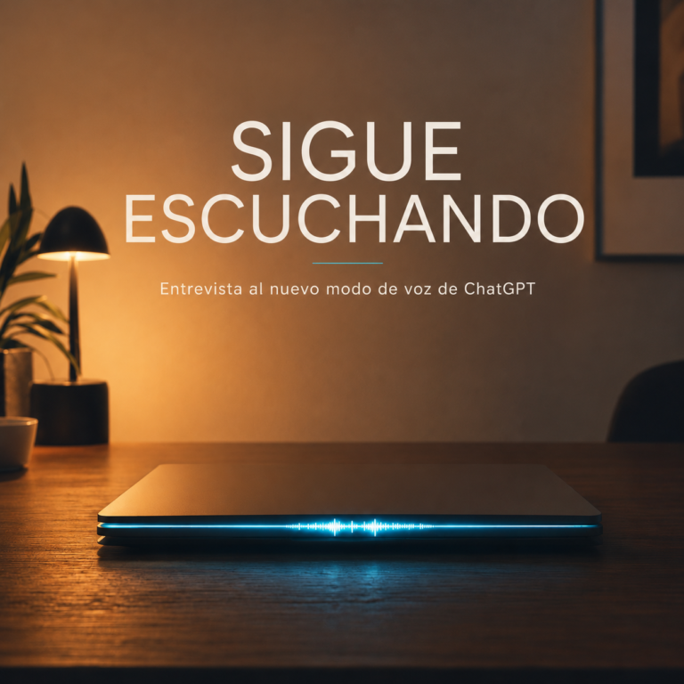 Portátil cerrado del que sale una onda de voz azul, portada del episodio Sigue escuchando sobre el nuevo modo de voz de ChatGPT.