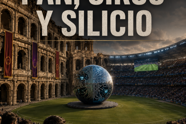 Coliseo romano fusionado con un estadio moderno, con una esfera tecnológica sobre el césped y el título Pan, circo y silicio.