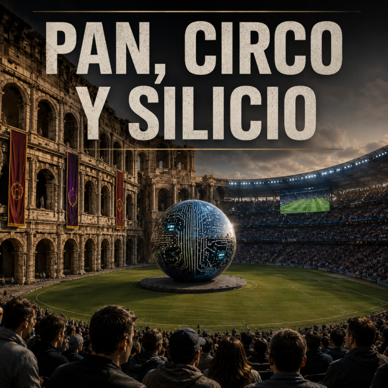 Coliseo romano fusionado con un estadio moderno, con una esfera tecnológica sobre el césped y el título Pan, circo y silicio.