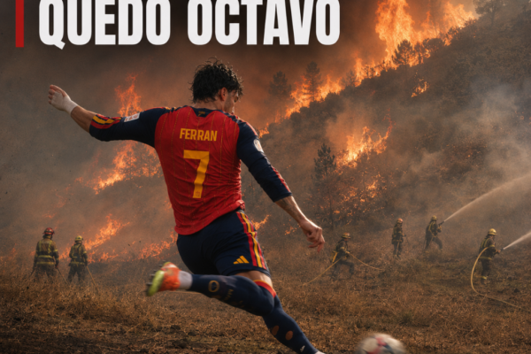 Futbolista de la selección española, visto de espaldas y con el número 7, remata un balón mientras varios bomberos combaten un gran incendio forestal al fondo.