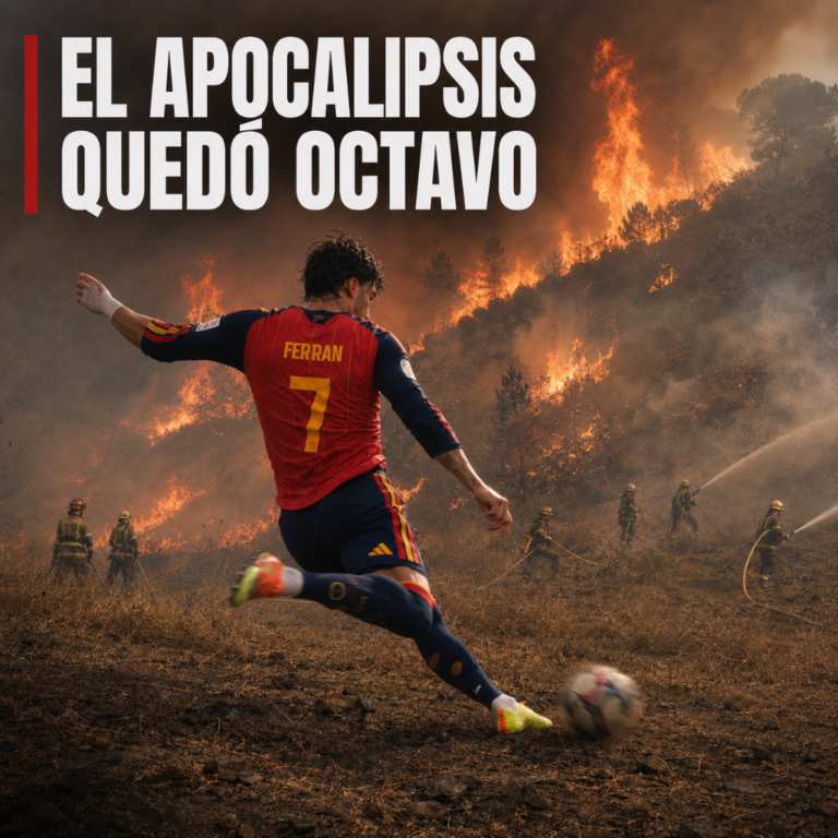 Futbolista de la selección española, visto de espaldas y con el número 7, remata un balón mientras varios bomberos combaten un gran incendio forestal al fondo.