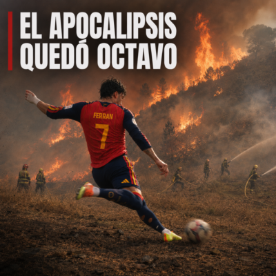Futbolista de la selección española, visto de espaldas y con el número 7, remata un balón mientras varios bomberos combaten un gran incendio forestal al fondo.