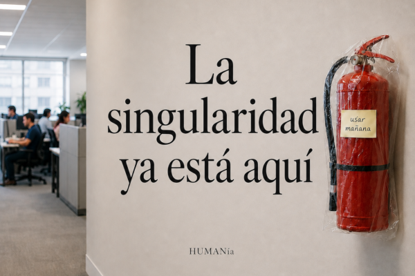 Pasillo de oficina con empleados trabajando al fondo. En primer plano, sobre una pared clara, aparece el título “La singularidad ya está aquí” junto a un extintor rojo envuelto en plástico con una nota que dice “usar mañana”.