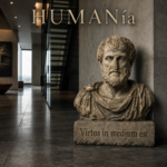 Busto envejecido de Aristóteles en un edificio moderno, con la inscripción «Virtus in medium est» y el título HUMANía.