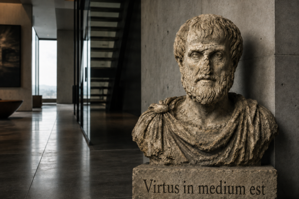 Busto envejecido de Aristóteles en un edificio moderno, con la inscripción «Virtus in medium est» y el título HUMANía.