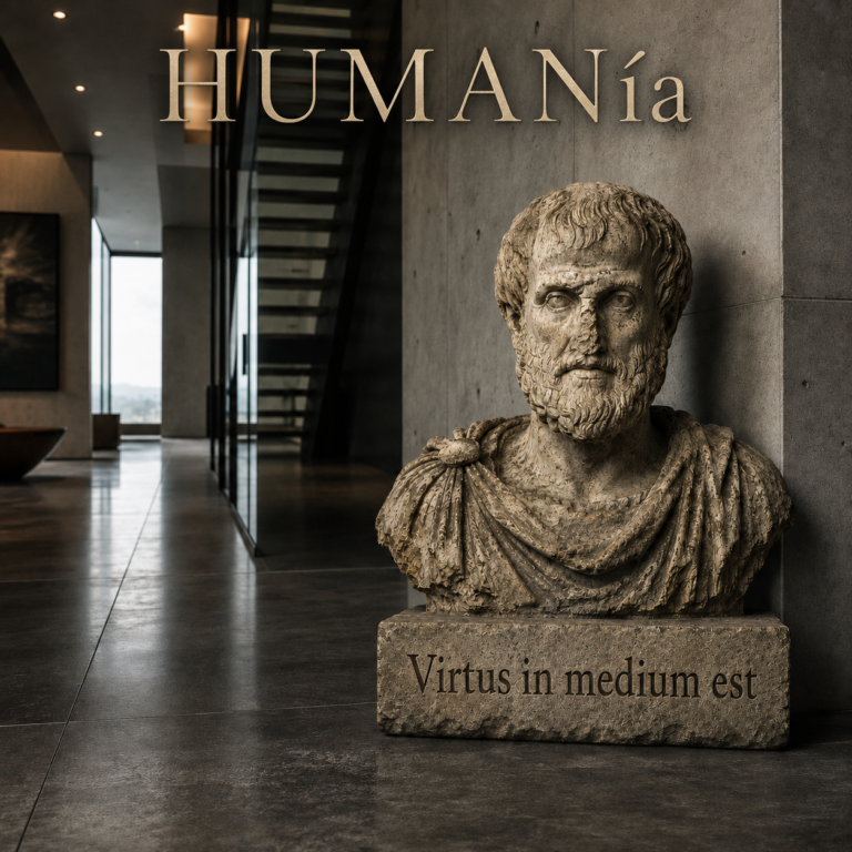 Busto envejecido de Aristóteles en un edificio moderno, con la inscripción «Virtus in medium est» y el título HUMANía.