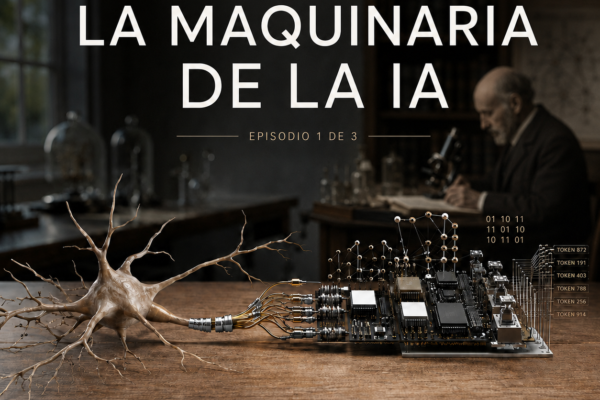 Portada de La Maquinaria de la IA con una neurona conectada a circuitos electrónicos sobre una mesa de laboratorio.