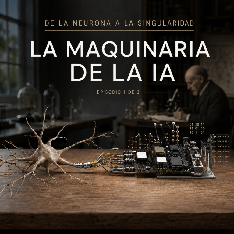 Portada de La Maquinaria de la IA con una neurona conectada a circuitos electrónicos sobre una mesa de laboratorio.