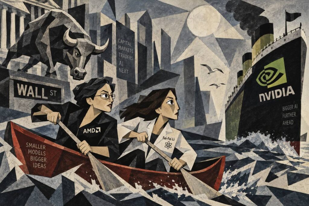 Ilustración cubista de dos mujeres en una barca, con referencias a AMD y Fei-Fei Li, frente a un gran buque de Nvidia junto a Wall Street.