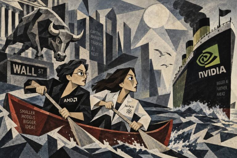 Ilustración cubista de dos mujeres en una barca, con referencias a AMD y Fei-Fei Li, frente a un gran buque de Nvidia junto a Wall Street.