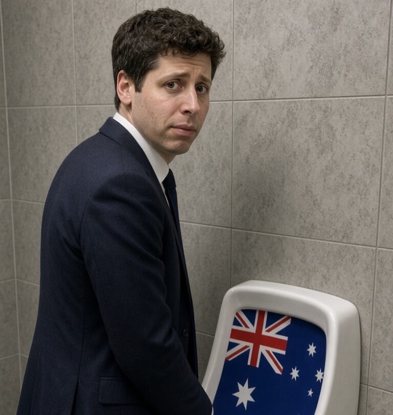 Montaje satírico de Sam Altman junto a un urinario decorado con la bandera australiana.