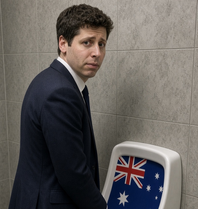 Montaje satírico de Sam Altman junto a un urinario decorado con la bandera australiana.
