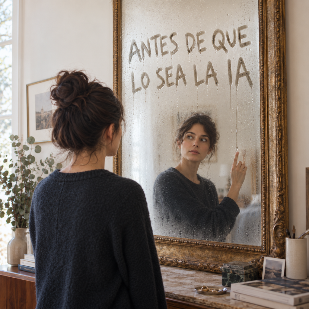 Una mujer frente a un espejo empañado con el título Antes de que lo sea la IA escrito sobre él.