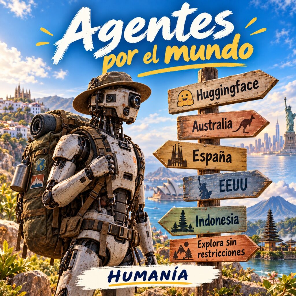 Robot con mochila ante señales de destinos bajo el título Agentes por el mundo y la firma HUMANÍA.