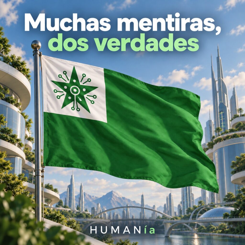 Portada de Muchas mentiras, dos verdades: bandera verde con una estrella de circuitos ante una ciudad futurista.