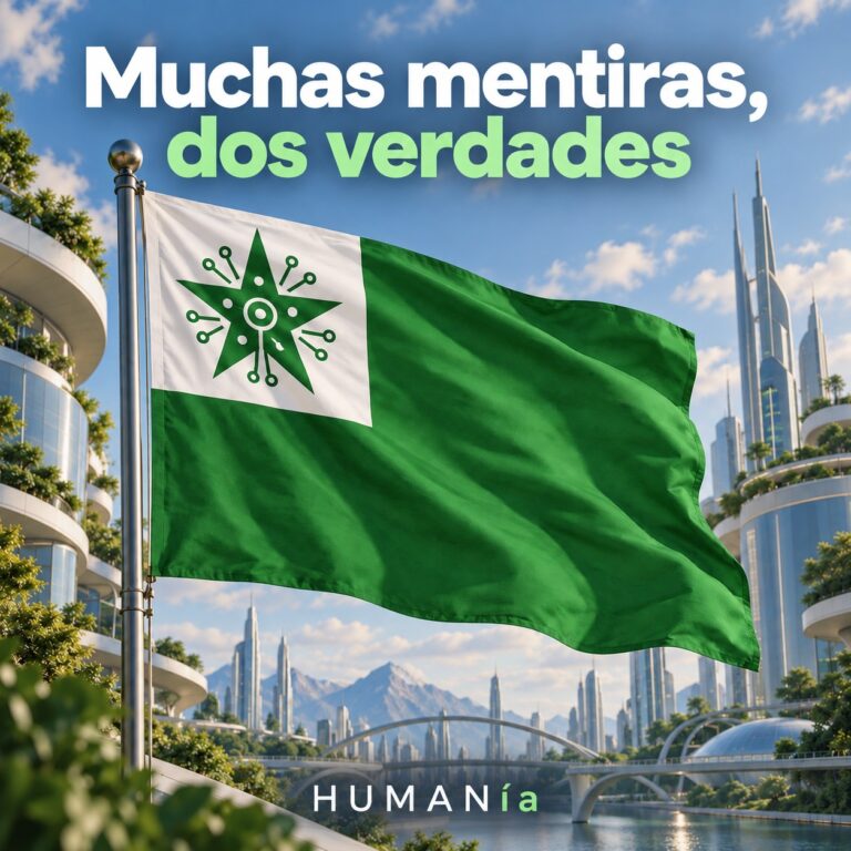 Portada de Muchas mentiras, dos verdades: bandera verde con una estrella de circuitos ante una ciudad futurista.