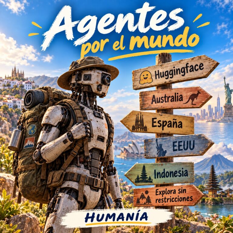 Robot con mochila ante señales de destinos bajo el título Agentes por el mundo y la firma HUMANÍA.