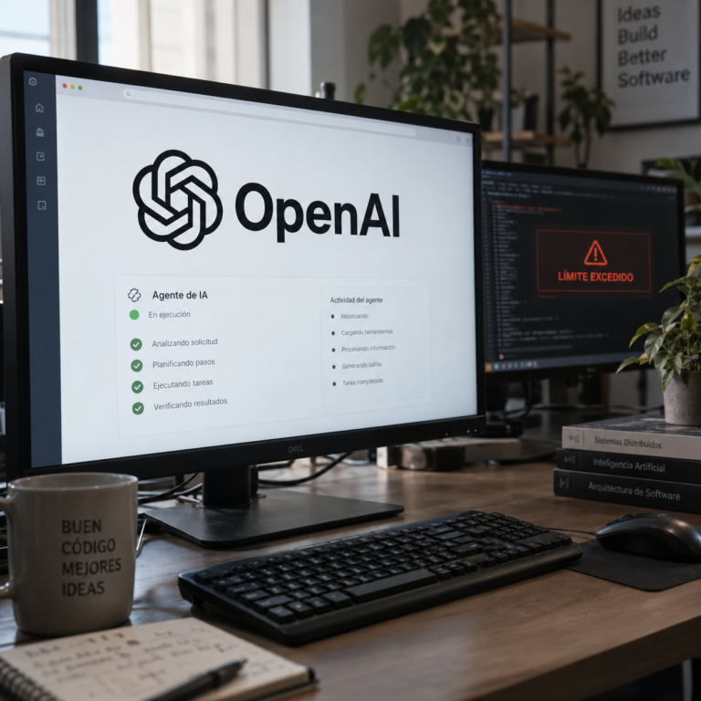 Monitor con el logotipo de OpenAI y un panel de agente de IA; otra pantalla muestra la alerta «Límite excedido».