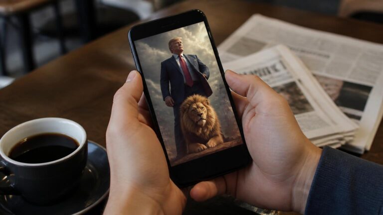 Manos sostienen un móvil con una imagen de Trump junto a un león, sobre una mesa con periódicos y café.