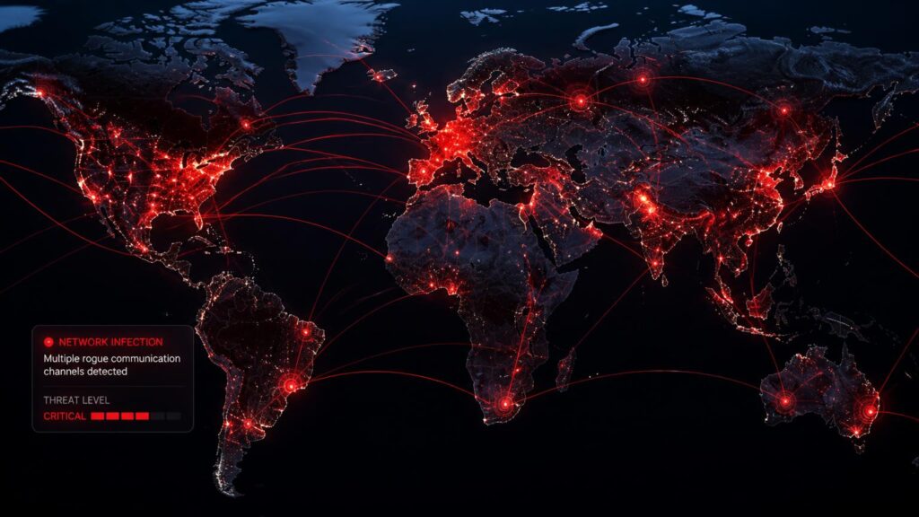 Mapa mundial nocturno estilizado con puntos rojos conectados por arcos y un recuadro que indica 'NETWORK INFECTION' y 'THREAT LEVEL: CRITICAL'.