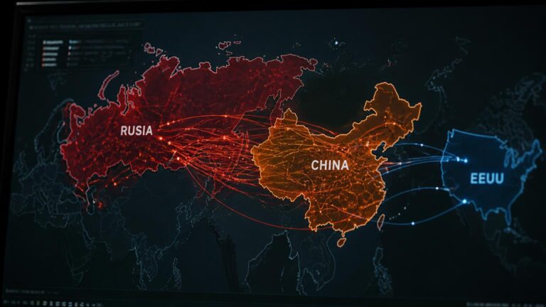 Mapa digital oscuro que resalta Rusia (rojo), China (naranja) y EEUU (azul) con líneas y nodos luminosos que las conectan.