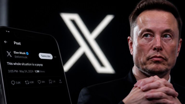 Hombre de mediana edad con gesto serio ante un gran logotipo de X; un móvil muestra una publicación que dice: "This whole situation is a psyop".