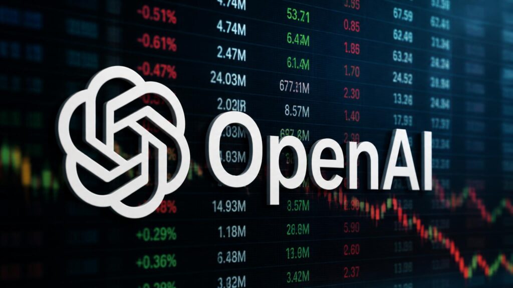 Logotipo de OpenAI en primer plano sobre una pantalla con cotizaciones y un gráfico bursátil descendente.
