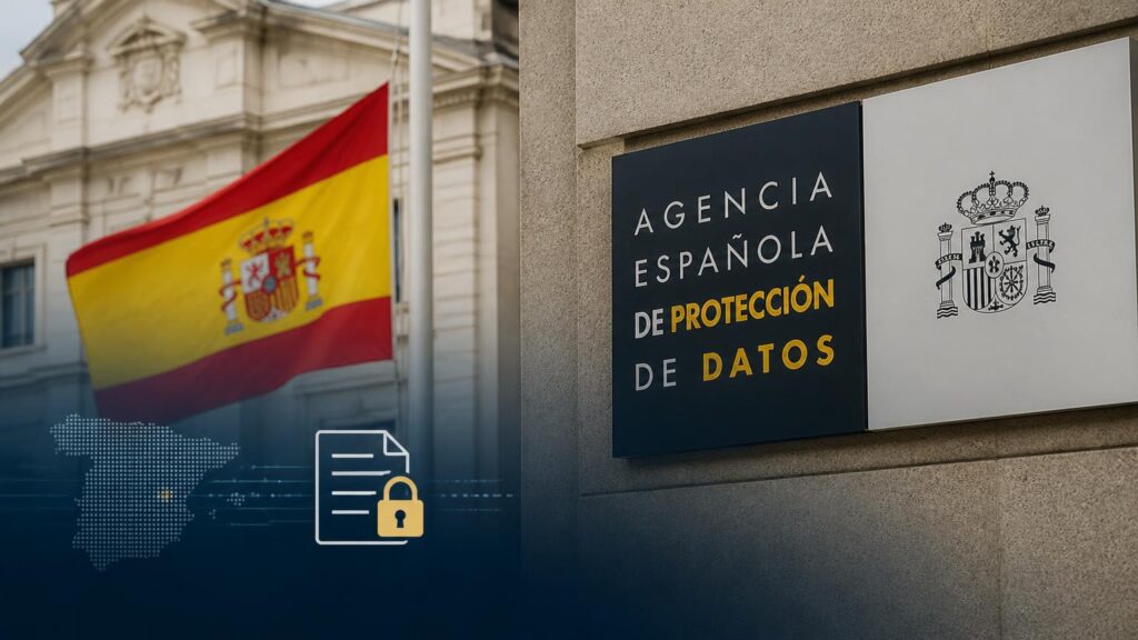 Placa con el texto 'Agencia Española de Protección de Datos', escudo, bandera de España y gráfico de mapa y documento con candado.