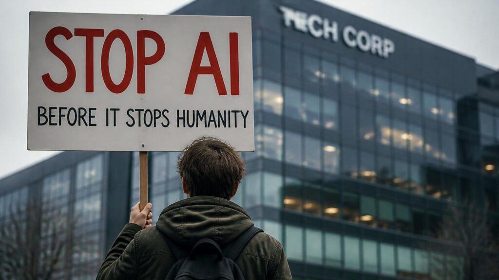 Persona de espaldas con pancarta 'STOP AI / BEFORE IT STOPS HUMANITY' delante de un edificio con rótulo 'TECH CORP'.