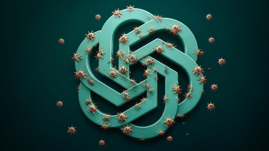 Logotipo entrelazado tridimensional verde sobre fondo oscuro, rodeado y salpicado por pequeñas esferas espinosas naranjas con la etiqueta 'AI'.