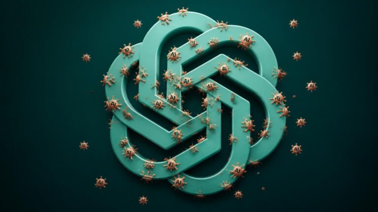 Logotipo entrelazado tridimensional verde sobre fondo oscuro, rodeado y salpicado por pequeñas esferas espinosas naranjas con la etiqueta 'AI'.