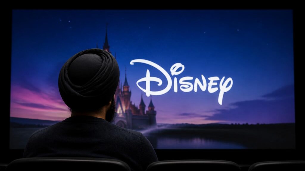 Persona de espaldas con turbante sentada ante una gran pantalla que muestra el logotipo de Disney y un castillo al atardecer.