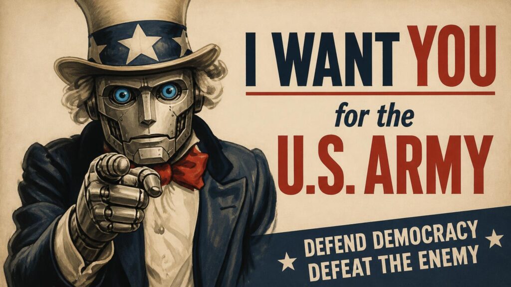 Cartel tipo reclutamiento con figura robótica señalando; textos 'I WANT YOU for the U.S. ARMY' y 'DEFEND DEMOCRACY DEFEAT THE ENEMY'.